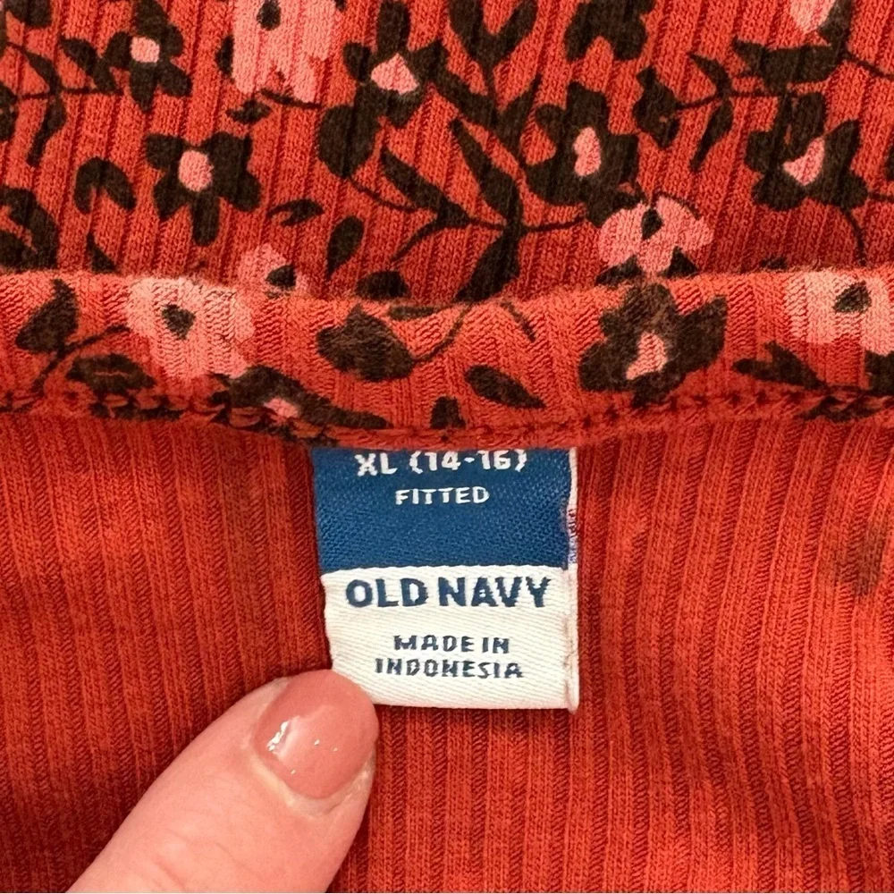 Old Navy Girl Fitted Ribbed Burgundy Black Floral Button-Up Top Sz XL 14/16